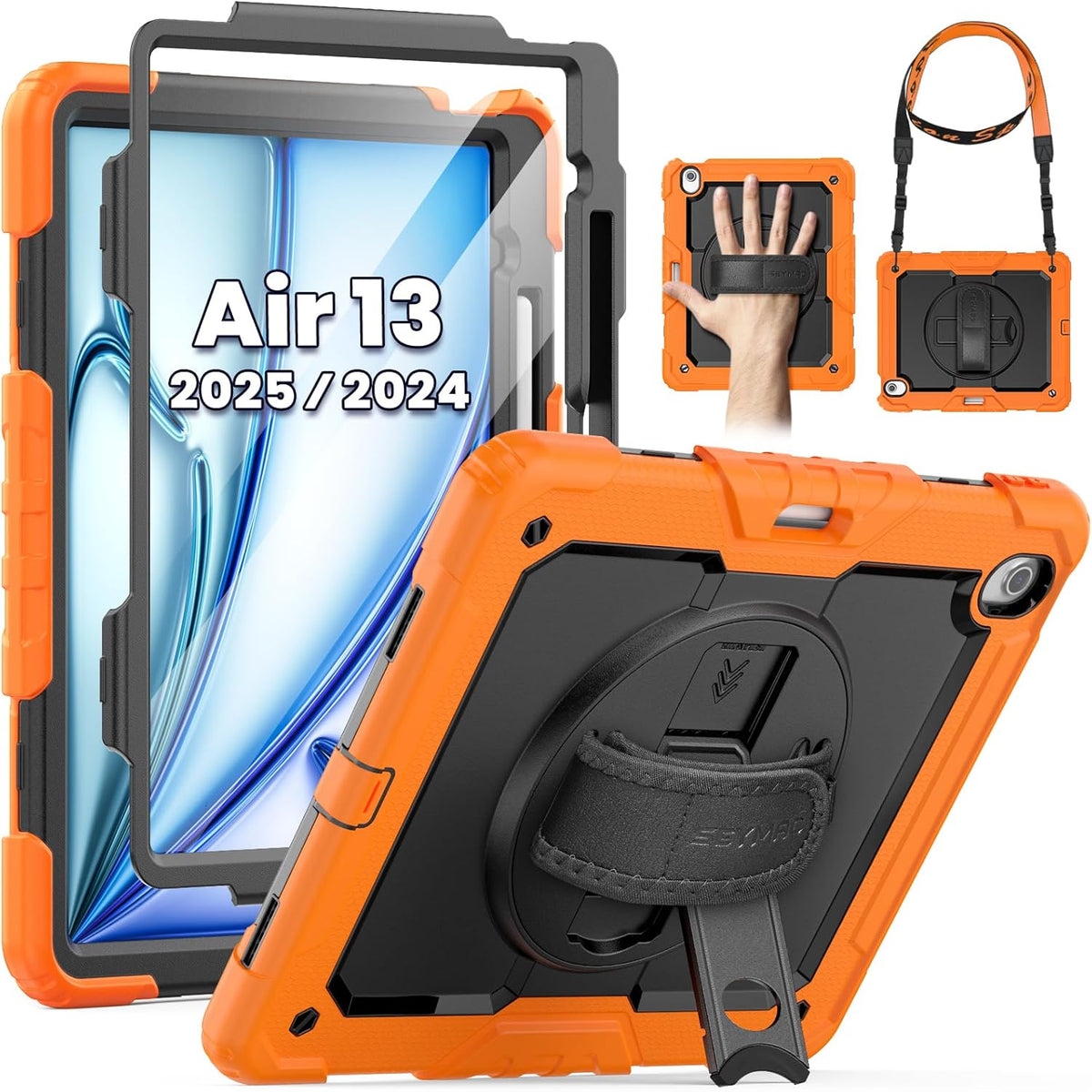 SEYMAC for iPad Air 13 Inch Case M3 2025/ M2 2024, Heavy Duty Shockproof Protective Case with Screen Protector, 360° Rotating Stand, Hand/Shoulder Strap and Pen Holder for iPad Air 13, Orange
