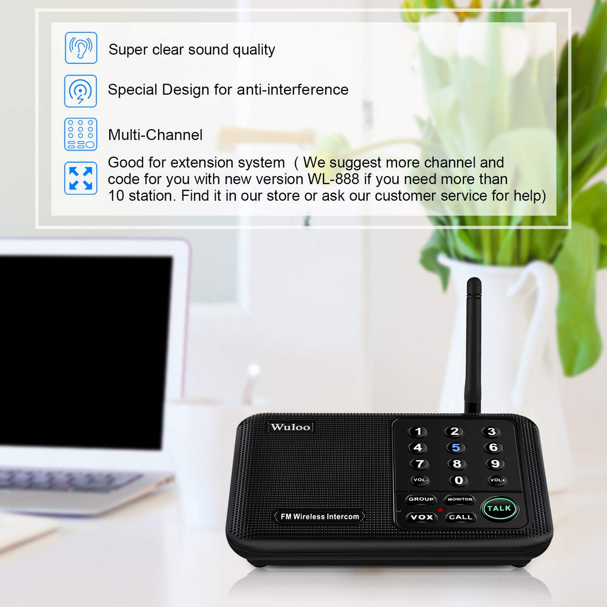 Wuloo Wireless Intercom System for Home 1 Mile Range 10 Channel 3 Code, Intercoms Wireless for Home House Business Office, Home Communication System