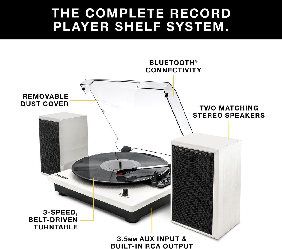 Victrola Montauk Vinyl Record Player, White Wood Finish, 3-Speed Belt Driven Turntable with Stereo Bluetooth Speaker Pair, RCA Output and 3.5mm Headphone Jack, Removable Dust Cover