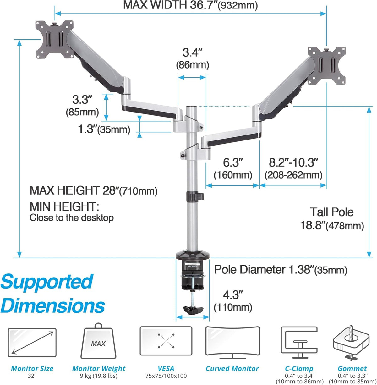 AVLT Dual 17"-32" Stacked Monitor Arm Desk Mount for 2 Flat or Curved Screens, Full Motion Height Adjustable with Swivel, Tilt, Rotation, Extra Tall, VESA, C-Clamp or Grommet Base