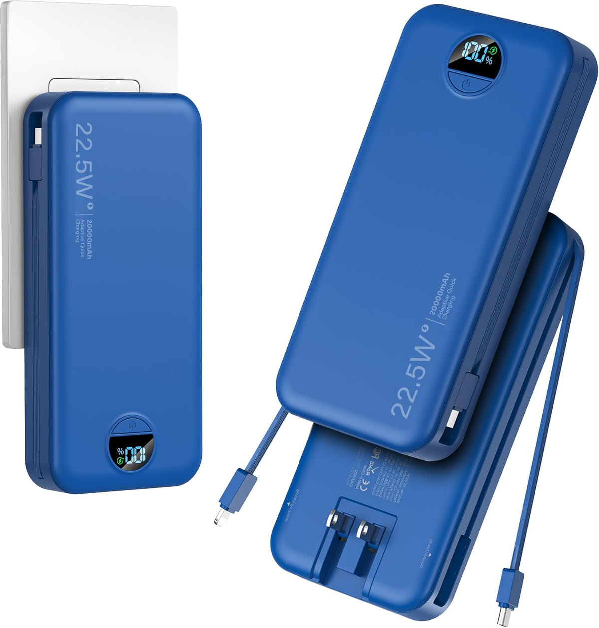 20000mAh Ultra-Portable-Charger-Power-Bank with Built in Cables&AC Wall Plug,PD20W USB-C Fast Charging Cell Phone Charger Battery Pack,LED Display Travel Battery Bank for All iPhone,Samsung,Android
