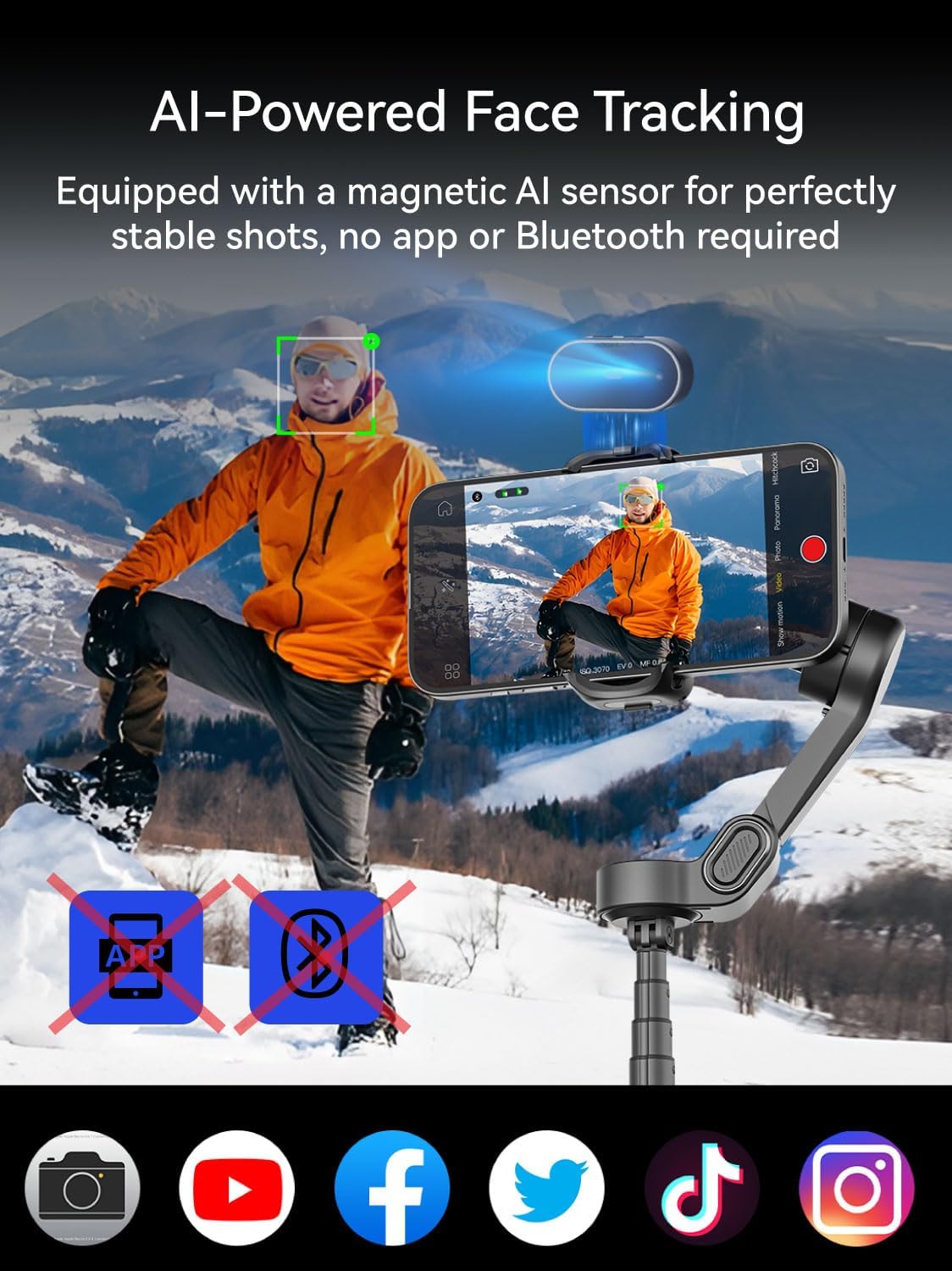 Gimbal Stabilizer for iPhone with AI Tracking Sensor, Elevate Your Filming w/7.8" Extension Rod and OLED Screen for Gimbal, iPhone Gimbal w/8.0 Stability for Sports Shooting-Smart X2 AI Black