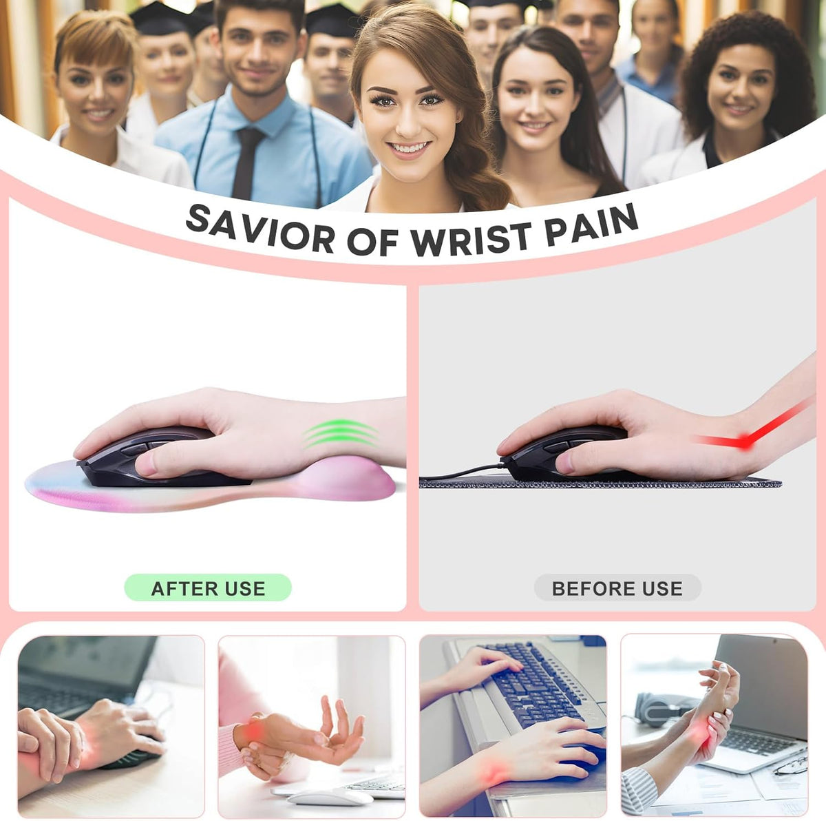 JIKIOU Mouse Pad, 2 Pack Ergonomic Mouse Pads with Comfortable Gel Wrist Rest Support and Smooth Cloth, Non-Slip PU Base for Easy Typing Pain Relief Durable and Easy to Clean Small Rainbow