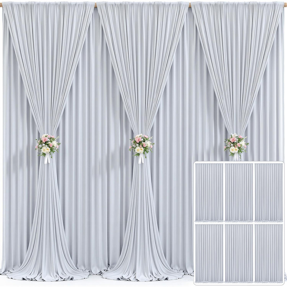 6 Panels Silver Grey Backdrop Curtain for Parties Wedding Wrinkle Free Silver Grey Photo Curtains Backdrop Drapes Fabric Decorat