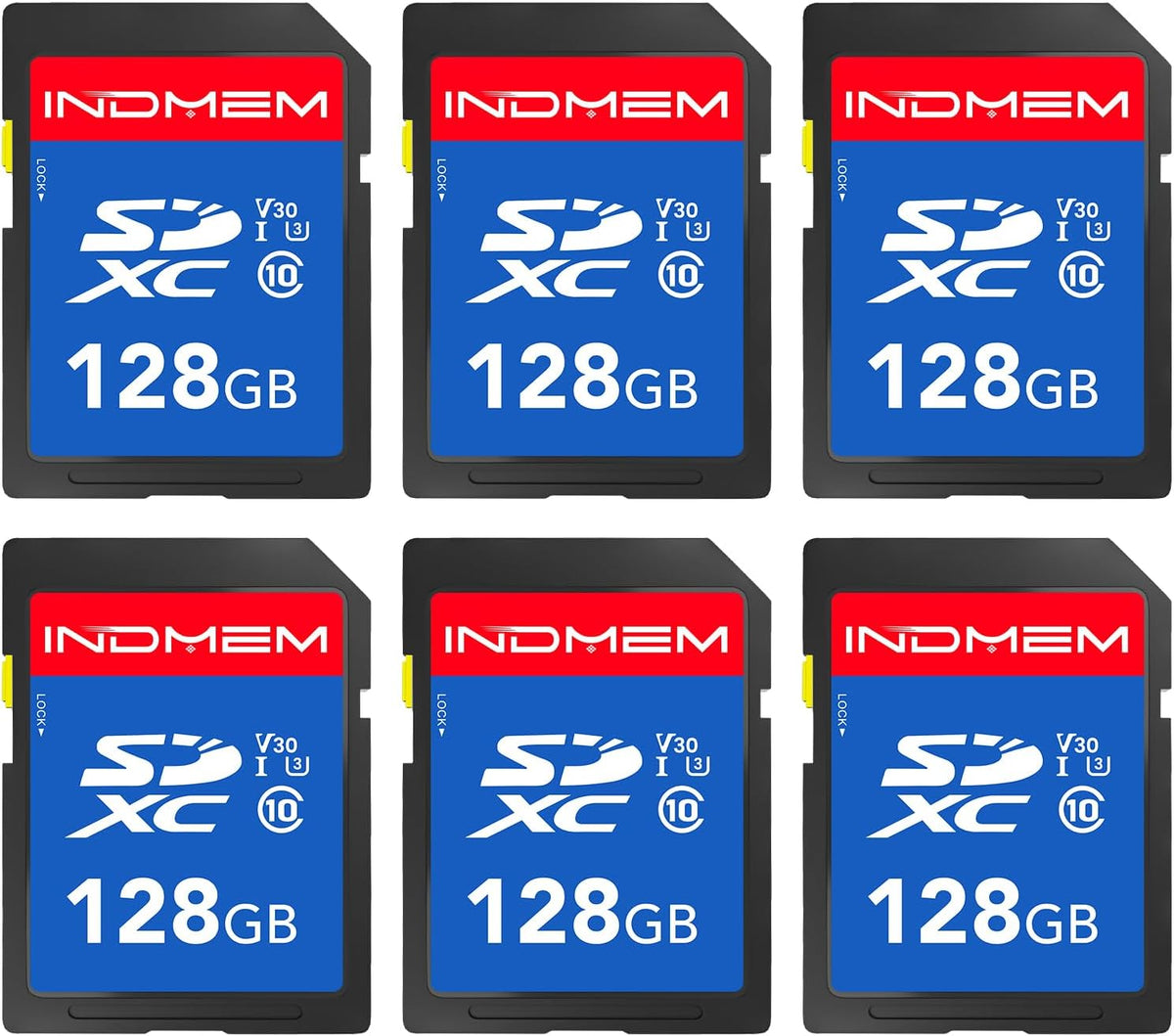 INDMEM SD Card 128GB 6-Pack, Class 10 128GB High Speed up to 90M/S Full HD Video Flash Memory Card MLC Standard Secure Digital Cards Camera Cards