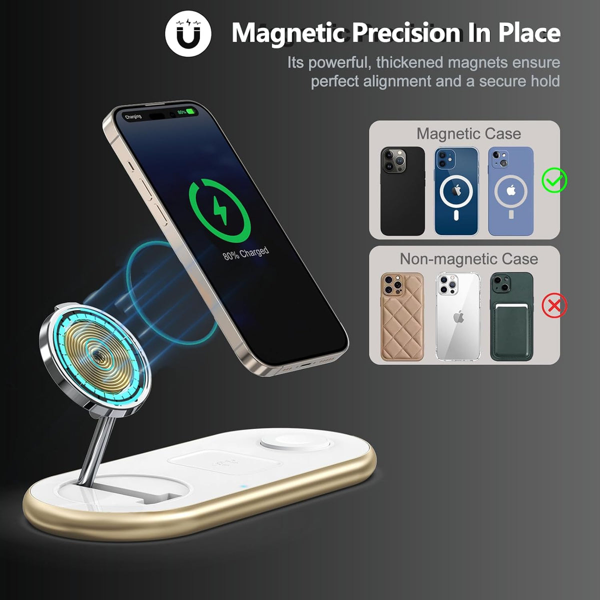 2025 Upgraded 3 in 1 Charging Station for Apple Devices, Fast Magnetic Mag-Safe Wireless Charger Stand for iPhone 16/15/14/13/12 Series & Apple Watch 1-9/Ultra & AirPods Pro (Gold)
