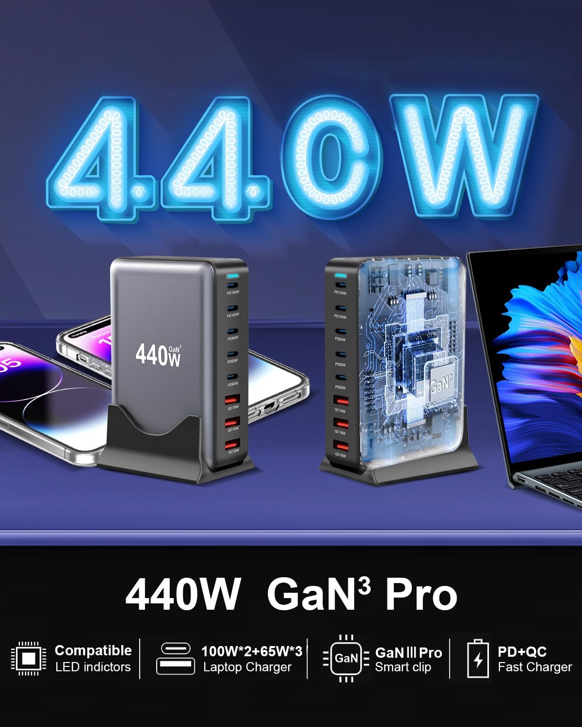 440W Fast USB C GAN Charger Block 8 Port Charging Station HUB Brick Dual PD PPS 100W Wall Charger Compatible with MacBook Pro/Air/All iPad iPhone 16/15/14/13/Pro Max