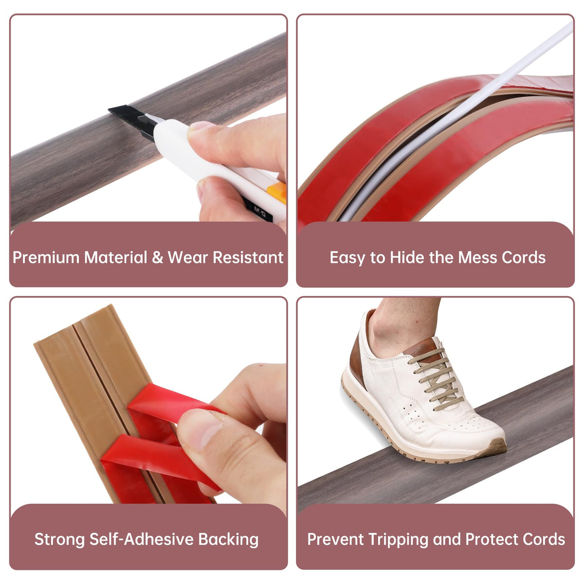 Floor Cord Cover Self Adhesive Cord Hider Floor Extension Cord Covers for Floor Power Cord Protector Cable Management Prevent Cable Trips Cable Cavity 0.47" W x 0.27" H (Brown Walnut Wood, 10Ft)