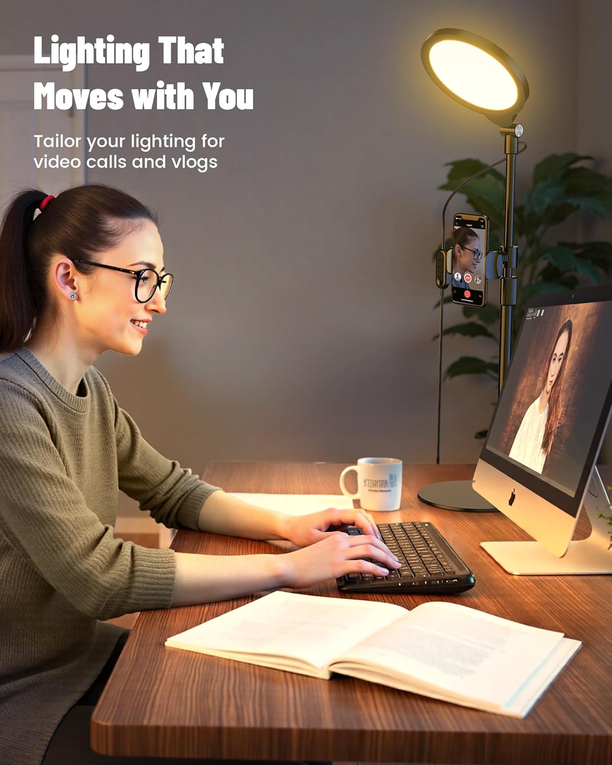 Desk Ring Light with Stand, Adjustable Desktop Light with Phone Holder for Video Calls, Zoom Lighting for Computer/Laptop/Conference/Webcam, Video Light for Recording, Podcast,Photography