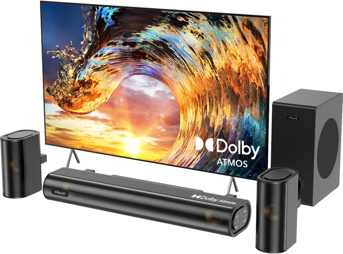 Hiwill 4.1ch Sound Bar with Dolby Atmos, 300W Sound Bar for Smart TV with Subwoofer, 2 Front Surround Speakers, Soundbar for TV Speaker, Adjustable Bass, Surround Sound System for TV, HiElite A41
