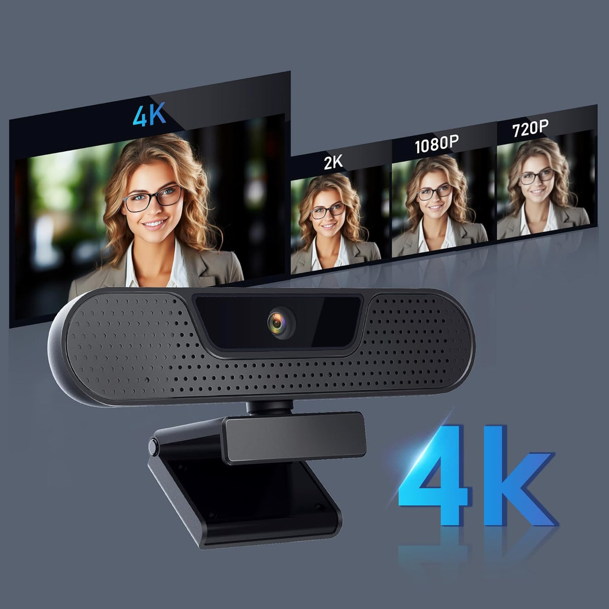 4K Webcam, Computer Camera with 4 Noise-canceling Microphones for Computer/Laptop/Mac, Privacy Cover and Tripod, Work with Video Conference, Live Streaming, Gaming, Video Calls, Zoom
