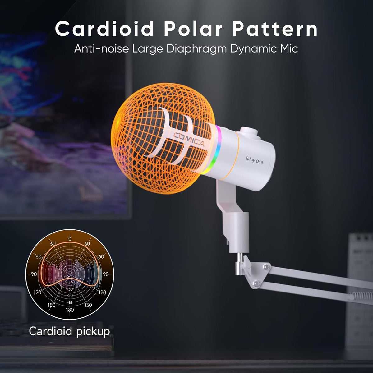 COMICA EJoy D10(A) USB Gaming Microphone – Boom Arm Mic with Noise Cancellation, XLR/USB-C, Real-Time Monitoring, Muting, RGB Professional Studio Mic for Gaming, Streaming, Podcast, Recording (White)