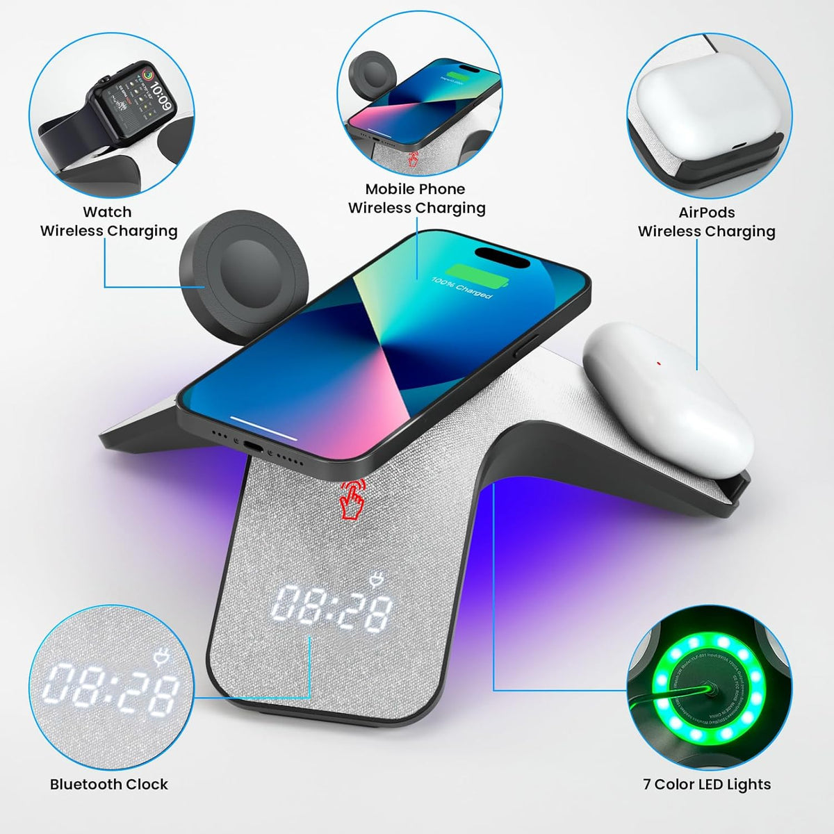 YLF Fast Wireless Charger Station 5 in 1 with Adapter - Wireless Phone Charger Stand with LED and Bluetooth Clock for Samsung Galaxy S23 Ultra/S23/S22/S21(Grey)