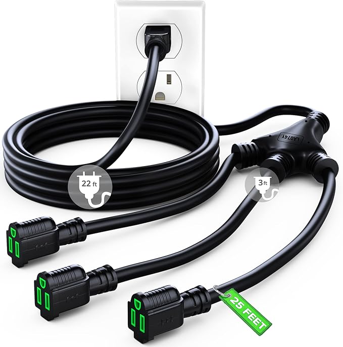 Maximm Extension Cord Splitter 12/3 AWG 1 to 3 Outlet, 25 Ft Black Indoor Outdoor Rated, Heavy Duty Power Cords with Multiple outlets, 12 Gauge Wire Grounded