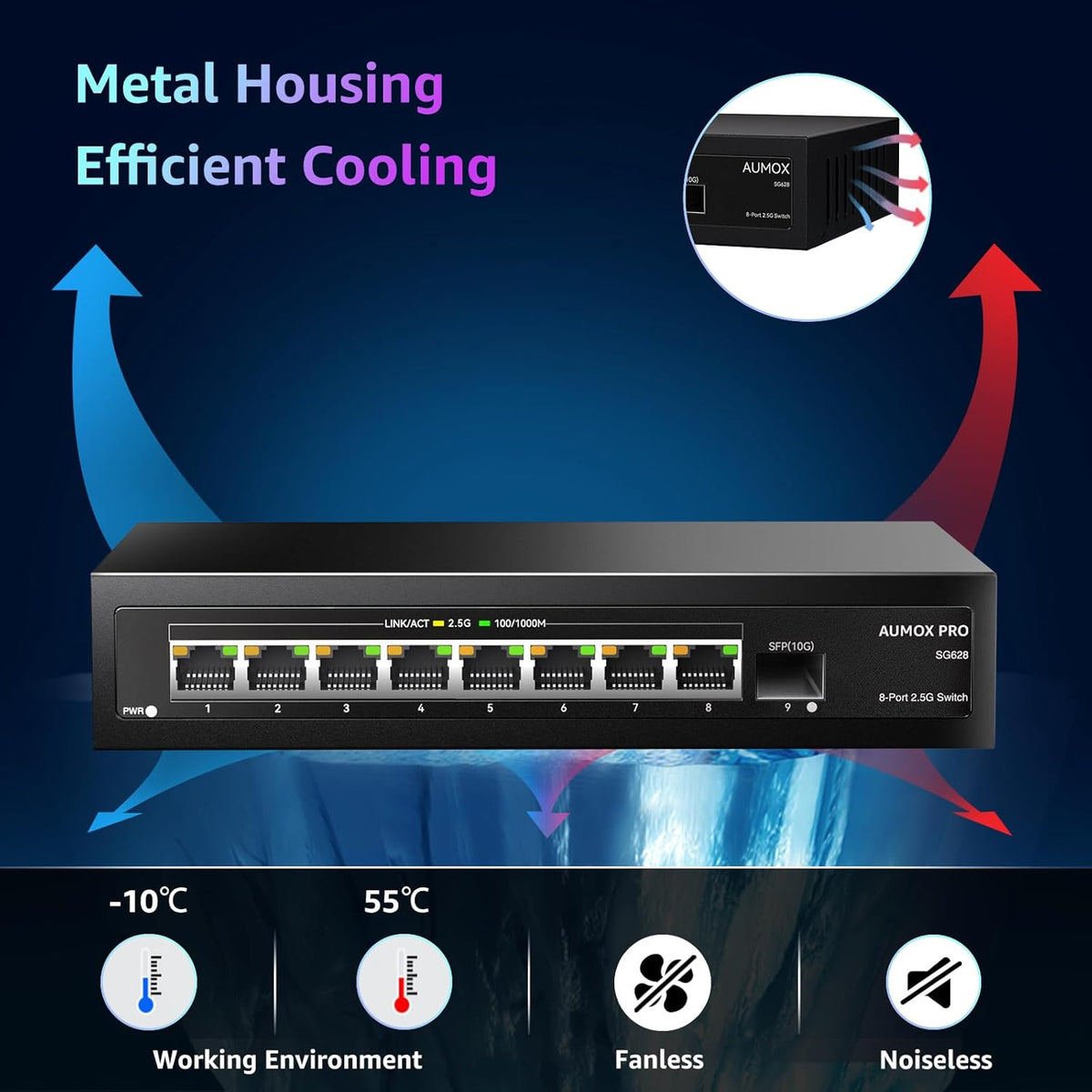 9 Port 2.5Gb Unmanaged Ethernet Switch with 8* 2.5G Base-T Ports, 1*10G SFP Ports, AUMOX PRO 60Gbps Switching Capacity Compatible with 100/1000/2500Mbps Plug and Play