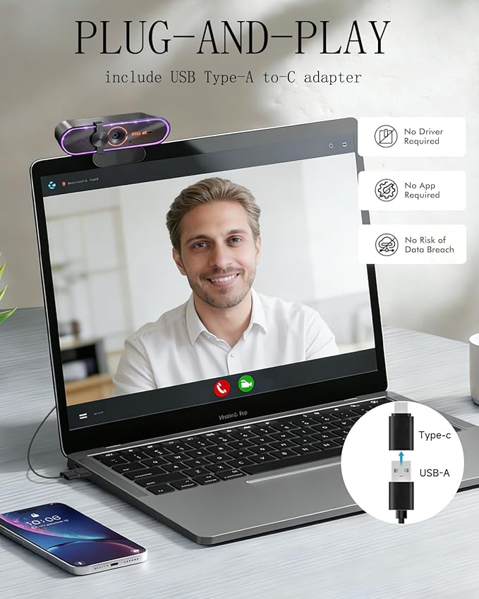 4K Webcam for MSI MAG 322URDF E16 Monitorwith Microphone&amp Privacy Cover &amp Plug&ampPlayWorks Zoom/Teams/Skype/Google Meet