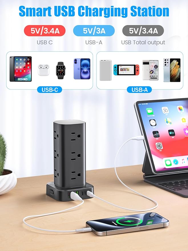 Tower Power Strip with 15W Wireless Charger, 6FT Flat Plug Extension Cord with Multiple Outlets, 12 AC Outlets, 4 USB Ports (2 USB C) Charging Station Surge Protector for Office Home Dorm Room (Black)