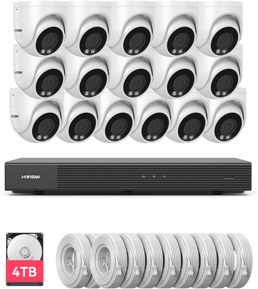H.VIEW 4K 16 Channel Security Camera System 16Pcs CCTV Camera kit PoE 8MP Indoor Outdoor Dome Wired Surveillance Video with Audio,16CH 4K H.265 NVR with 4TB HDD, CCTV Surveillance for Businesses