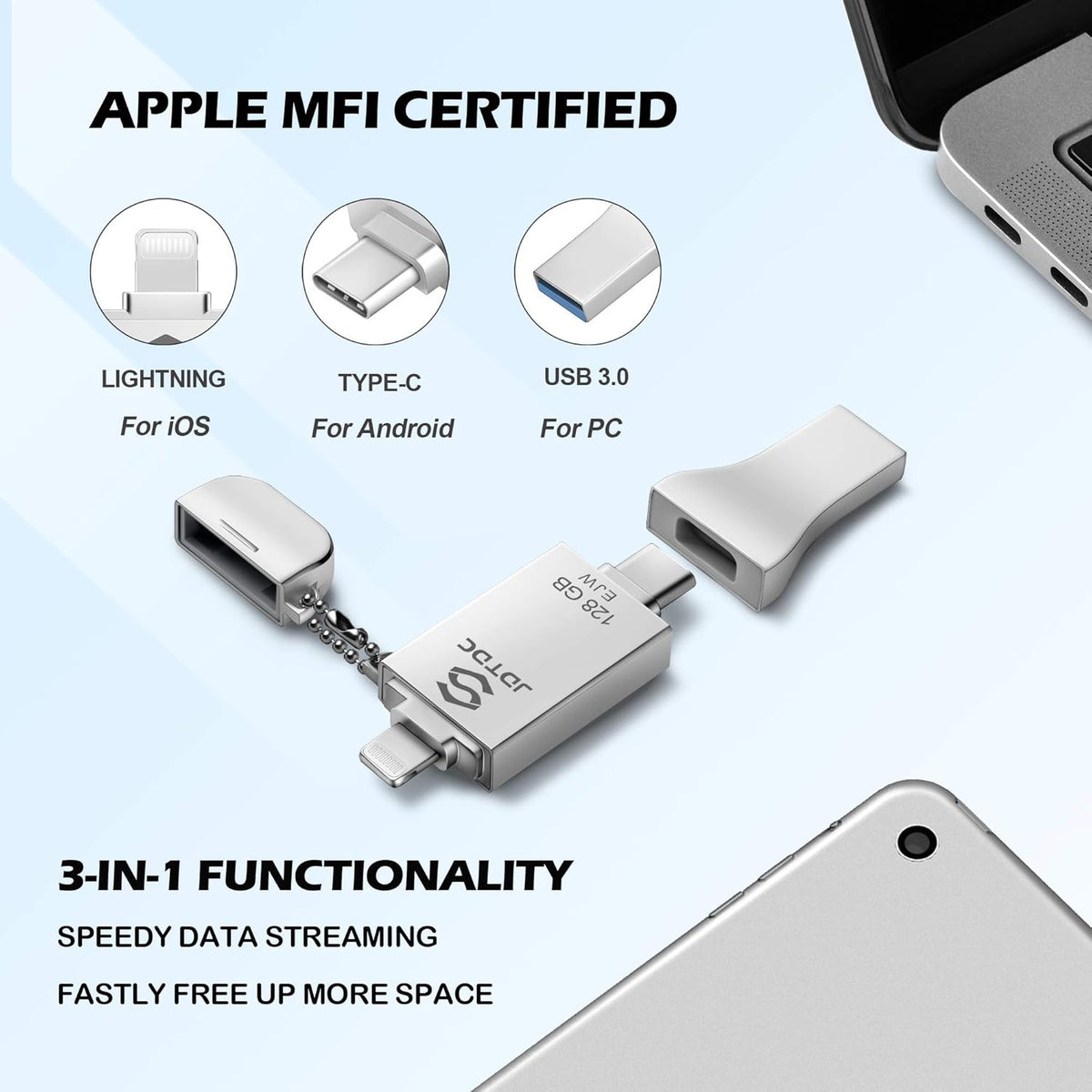 JSL JDTDC 128GB Apple MFi Certified iPhone-Photo-Stick, 3 in 1 USB C Photo-Stick-for-iPhone-USB-Flash-Drive Memory-Stick JD Thumb Drive iPhone Backup Stick for iPhone 16 15 14 13 12 iPad Android PC