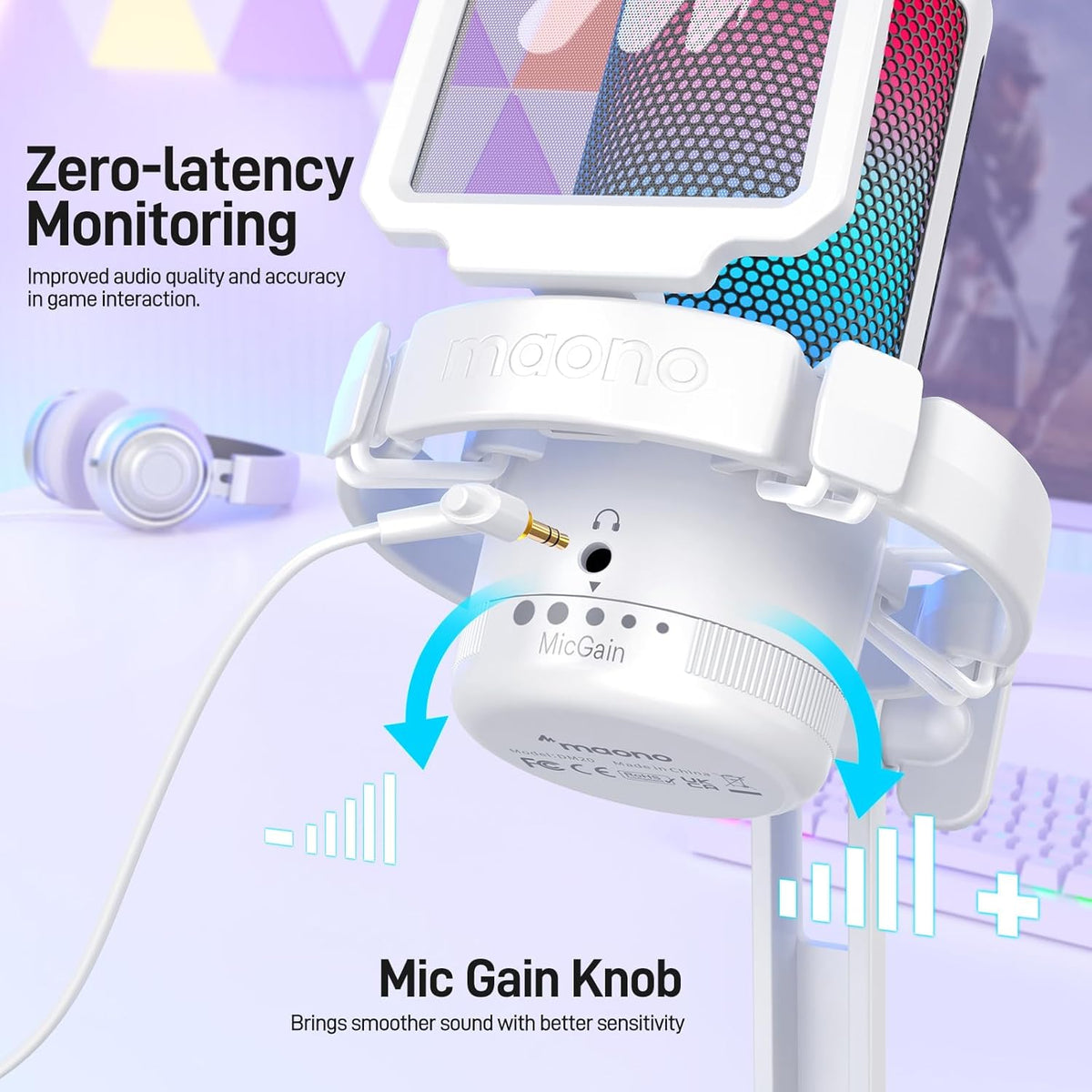 MAONO Gaming Microphone for PC with Noise Cancellation, USB Condenser Mic for Computer, Mac, Laptop, PS5, Streaming, Podcast, Twitch, YouTube, Discord, GamerWave DGM20 White