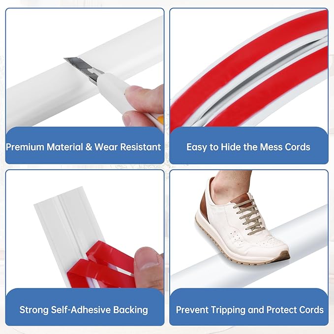 Floor Cord Cover Self Adhesive Cord Hider Floor Extension Cord Covers for Floor Power Cord Protector Cable Management Prevent Cable Trips Cable Cavity 0.59" W x 0.31" H (White, 20Ft)