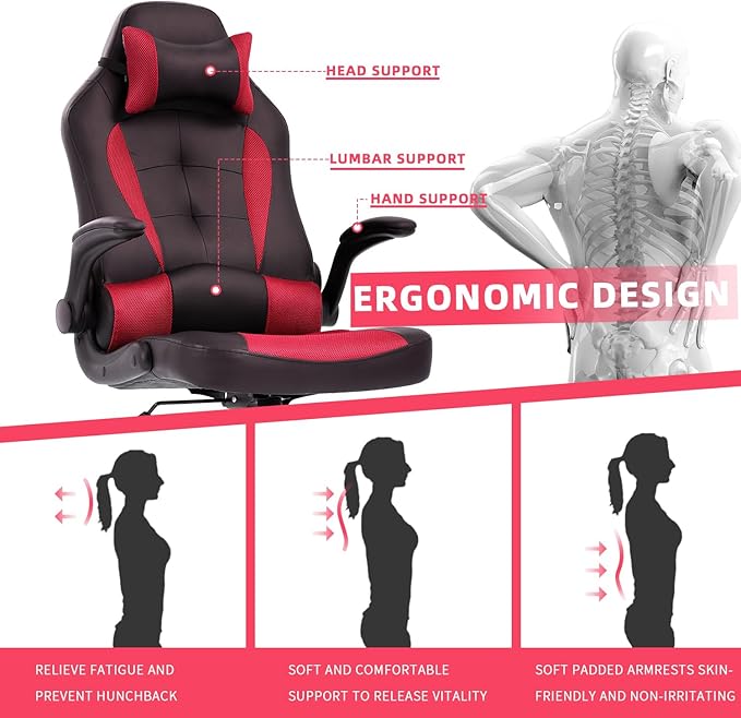Video Gaming ChairErgonomic Computer Office Desk Chair with Lumbar Support Flip Up Arms Adjustable Height Swivel PU Leather Executive with Wheels for Kids Adults Women Men Gaming Home Office(Red)