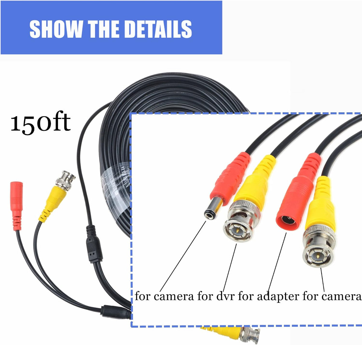 150ft Black BNC Video Power Cable for DVR Security Cameras