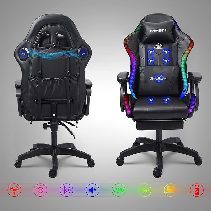 Gaming Chair with Massage and Footrest Ergonomic Computer Chair Video Gaming Chair with Speakers and LED Lighting High Back Racing Chair with Headrest and Lumbar Pillow.Red