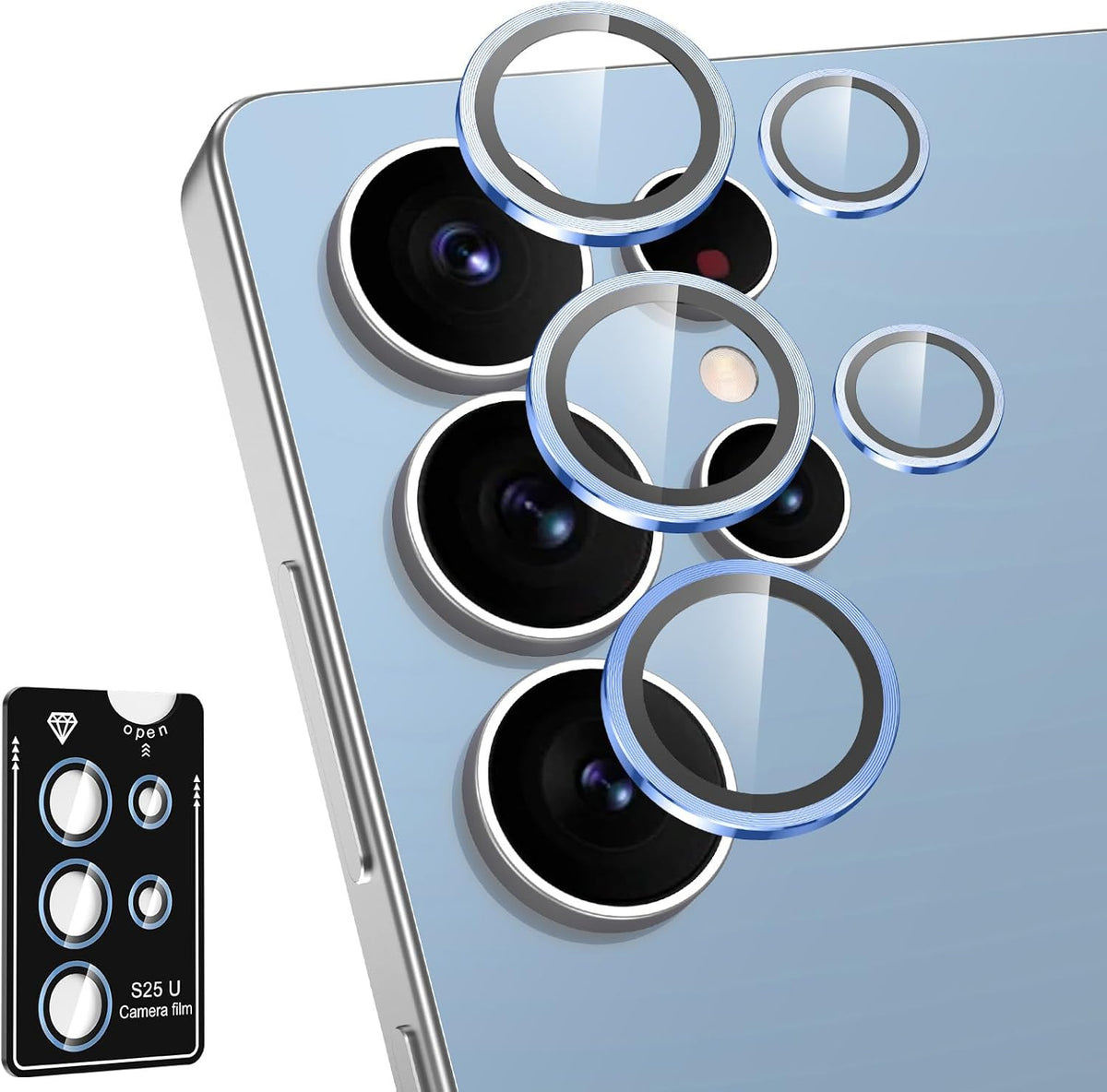 for Samsung Galaxy S25 Ultra Camera Lens Protector, Individual Metal Ring Tempered Glass Lens Cover, [Strong Adsorption] Scratch Resistant Ultra-Thin HD Clear Lens Cover, 1 Set-Blue