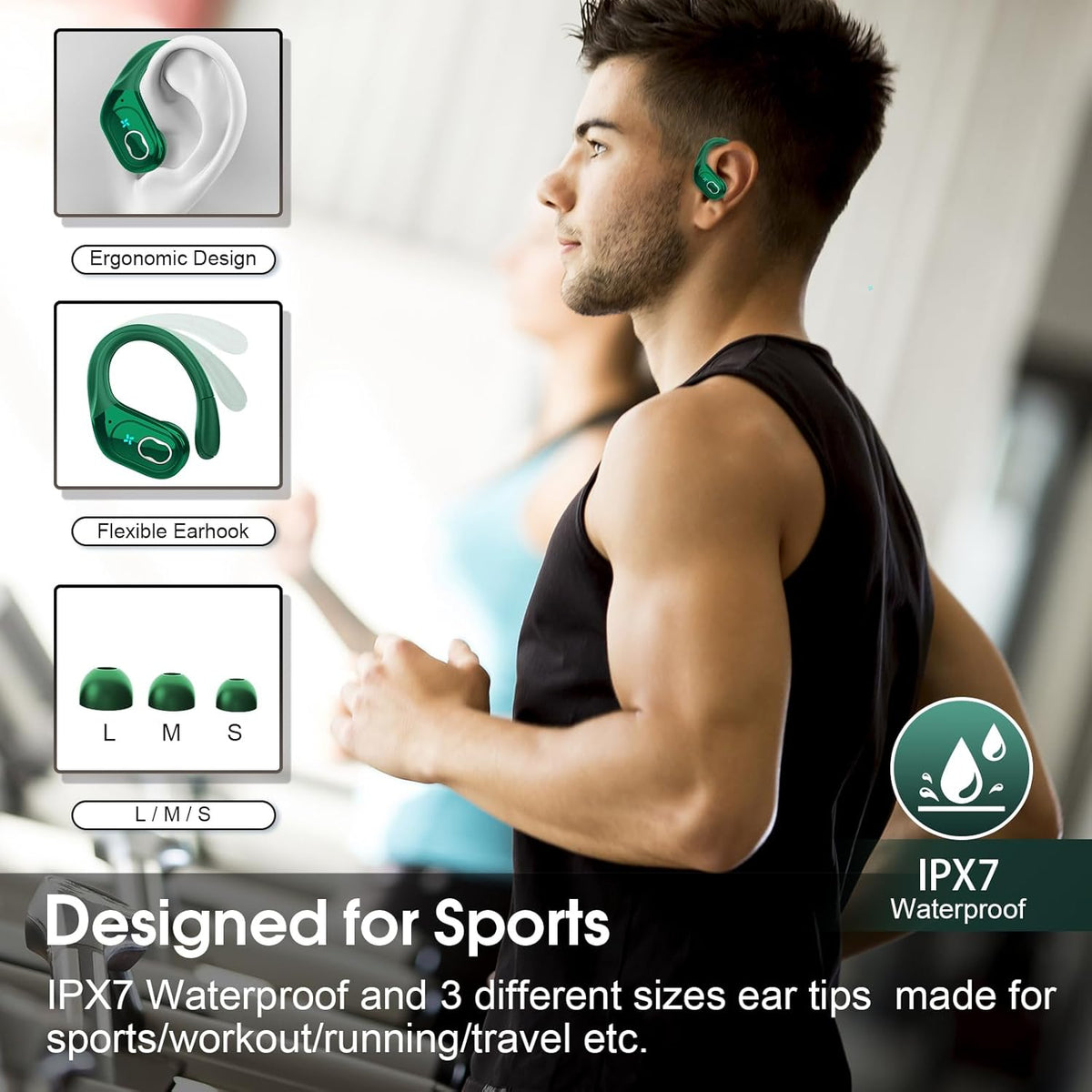 Wireless Earbuds 75hrs Bluetooth 5.4 Headphone Sport, 2025 Bluetooth Earbuds Stereo Deep Bass Over Ear Bud with Earhooks, ENC Noise Cancelling Mic, IPX7 Waterproof Earphone, Dark Green