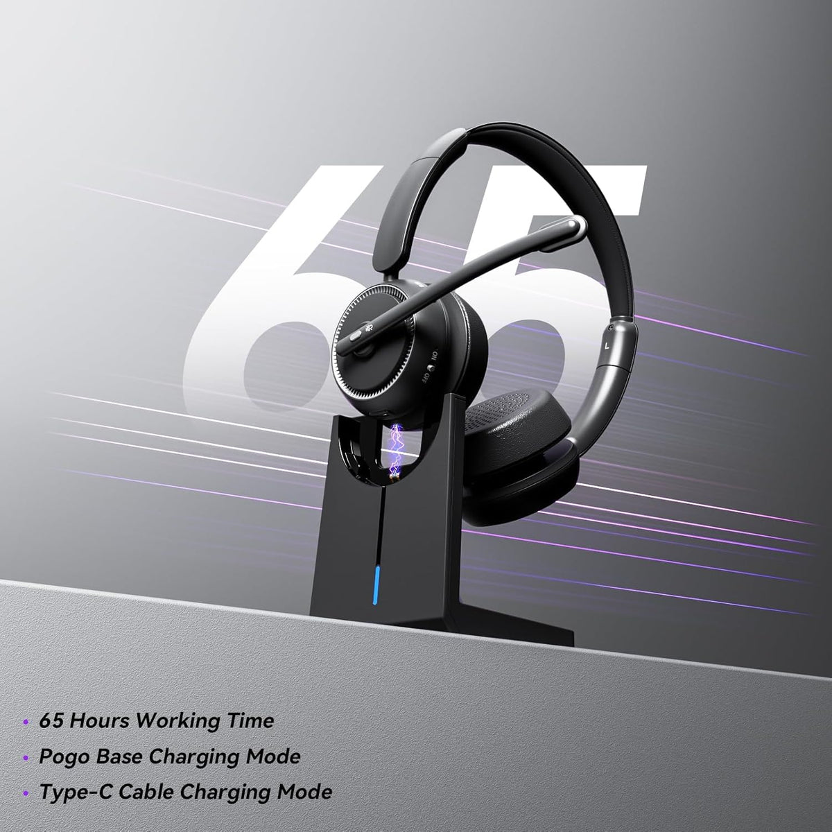 Wireless Headset with Mic for Work, Bluetooth Headset with Mic (AI Noise Canceling & Mic Mute), Wireless Headphones with USB Dongle & Charging Base for Work/Home/Call Center/PC/Computer/Zoom/Teams