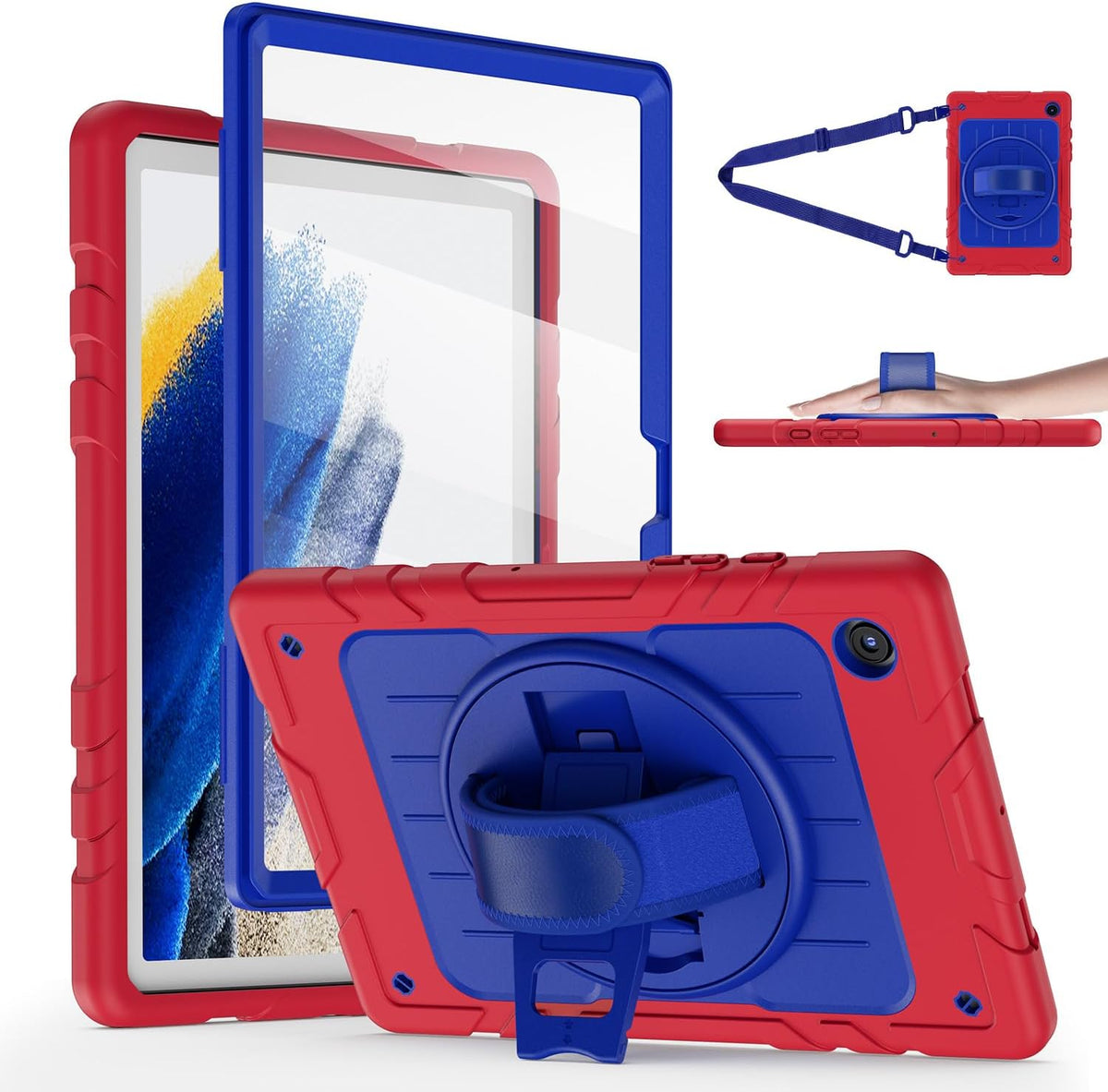for Samsung Galaxy Tablet A8 Case 10.5 inch 2022 SM-X200/X205/X207 with Screen Protector [360 Rotating Stand] &Hand Shoulder Strap Shockproof Rugged Protective Cover|Red&Blue