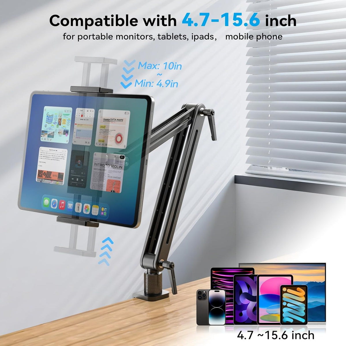 Jakeko Adjustable Tablet Mount for Desk - 360° Rotating Base Tall Arm Holder Stand for iPad Air/Pro/Mini Swivel Flexible Clamp Soporte para Tablet/Portable Monitor/Ereader