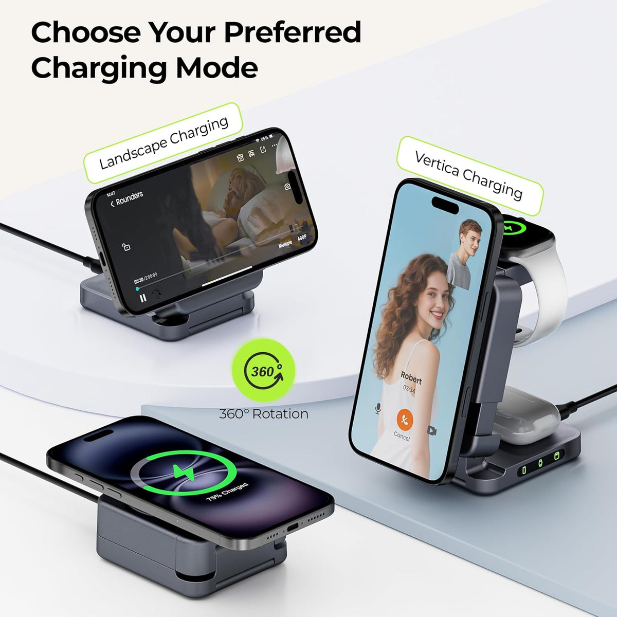【2025 Upgraded】 Wireless Charger 3 in 1, Foldable Wireless Charging Station, Travel Magnetic Charger Stand, Nightstand 15W Charging Station for iPhone 16 Samsung S25 Samsung Watch TWS Earphone