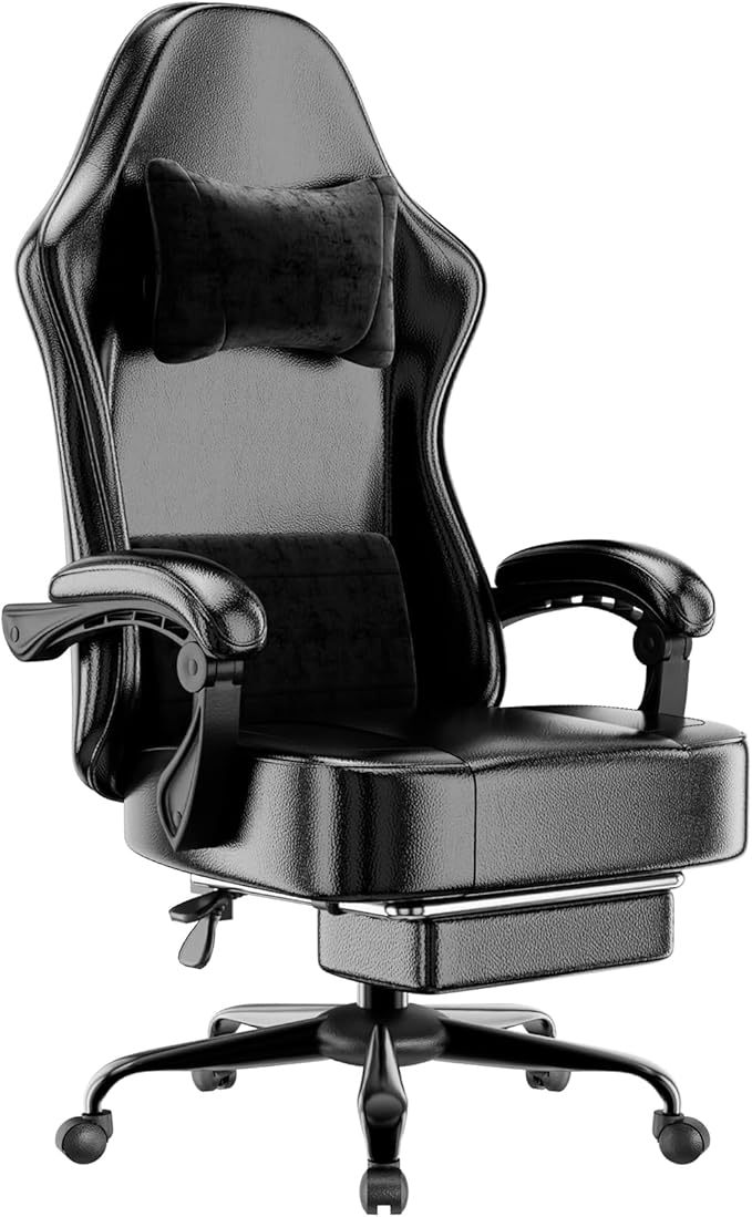 Ergonomic Gaming Chair with Footrest PU Leather Video Game Chairs for Adults Comfortable Computer Chair for Heavy People Reclining Gamer Chair Office Chair with Lumbar Support Dark Black