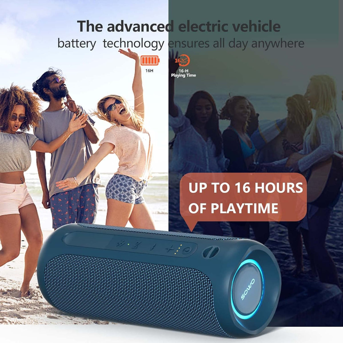 SOWO Portable Bluetooth Speaker, IPX7 Waterproof Wireless Bluetooth Speaker, Bassboom Technology, 25W Loud Stereo Sound, LED Light with TWS Pairing, 16H Playtime for Home and Outdoor -Blue
