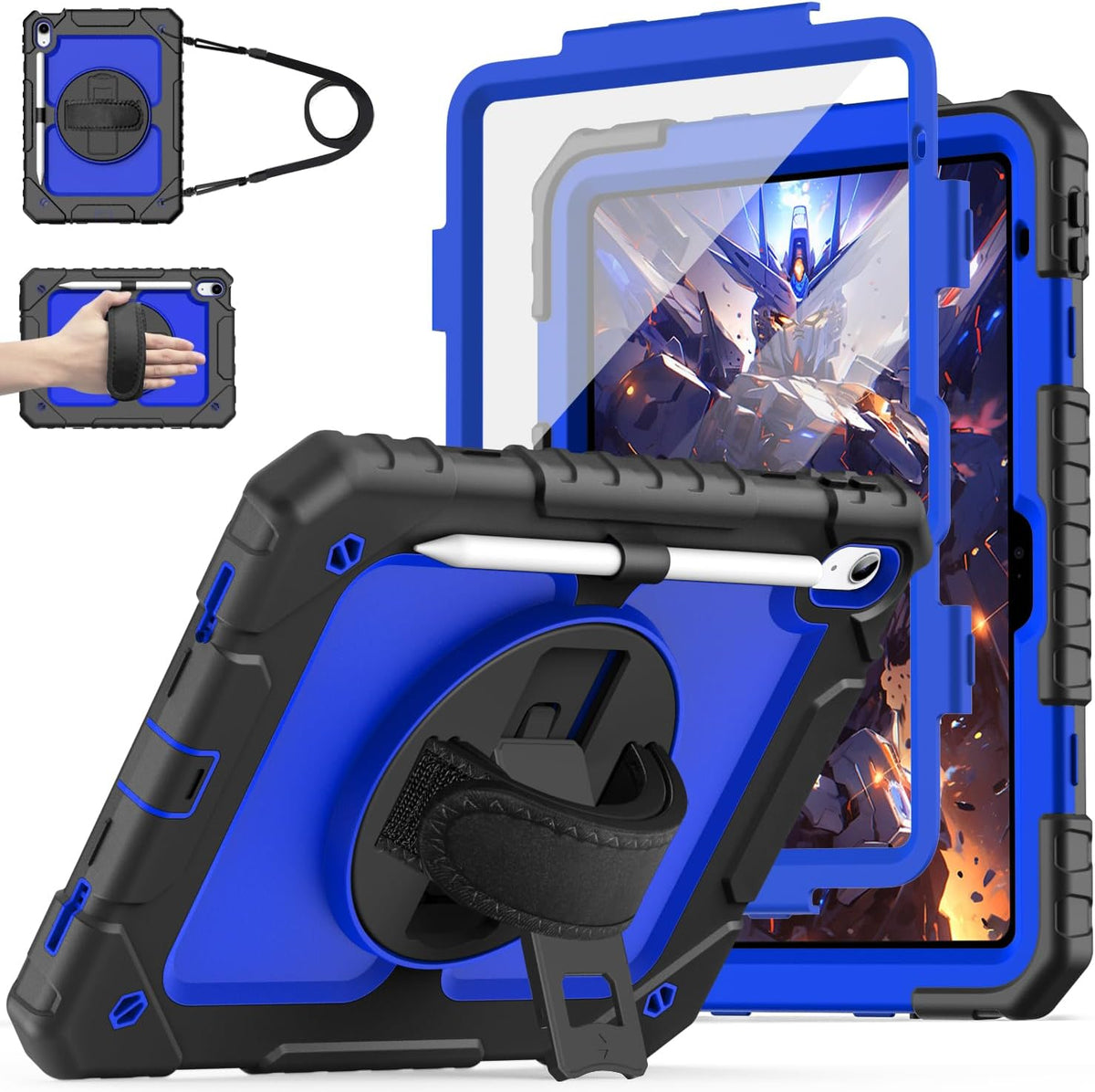 Cantis Case for iPad 11-inch (A16) 2025/ iPad 10th Generation 2022 (10.9 inch) with Screen Protector, iPad 11th Case with 360 Degree Rotating Stand/Shoulder Strap/Pencil Holder, Black+Dark Blue