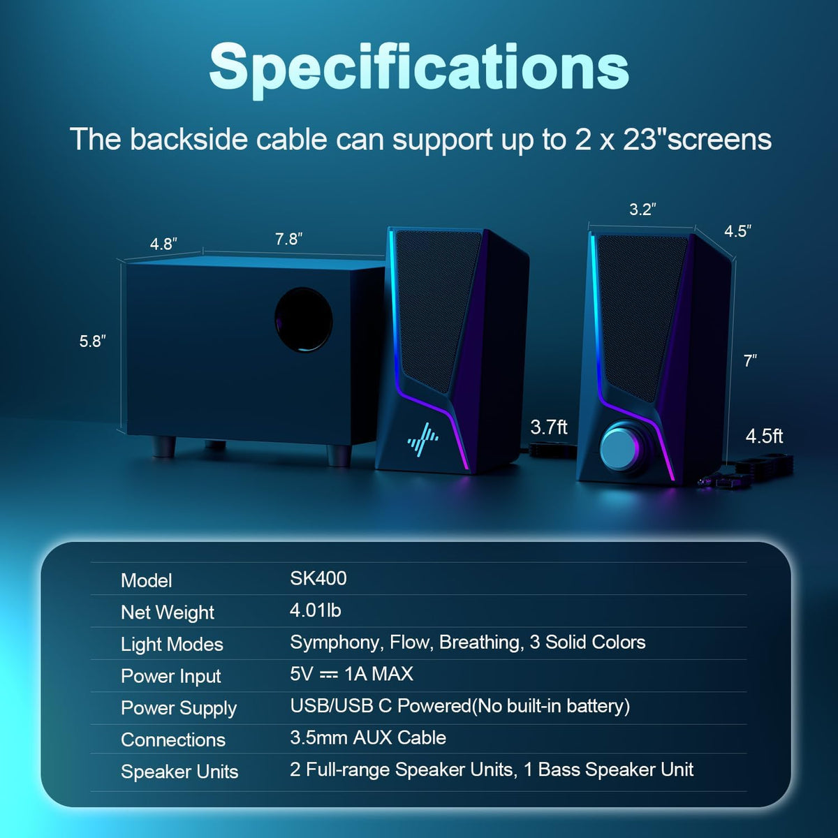 Nylavee Computer Speakers with Subwoofer, 2.1 Hi-Fi PC Speakers System with 6 Lighting Modes, Enhanced Bass, Plug and Play, USB/USB-C Powered and 3.5mm Aux in for Desktop, Monitor, Laptop, Tablet