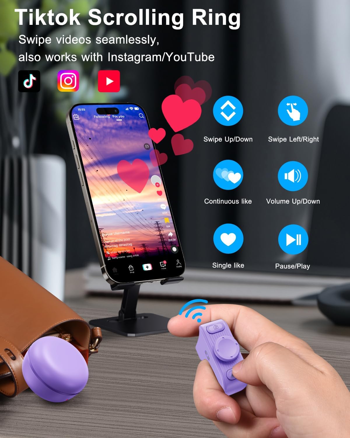 TikTok Scrolling Ring Remote Control, Camera Shutter Remote, Wireless Bluetooth Scrolling Ring for iPhone, iPad, iOS, Android - Purple