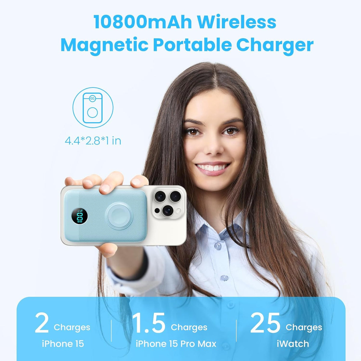 Magnetic Portable Charger for iPhone, 10800mAh 4-in-1 Wireless Power Bank with iWatch Charger, 25W PD Fast Charging Battery Pack for Magsafe, iPhone 16/15/14/13/12 Series, Apple Watch (Sky Blue)
