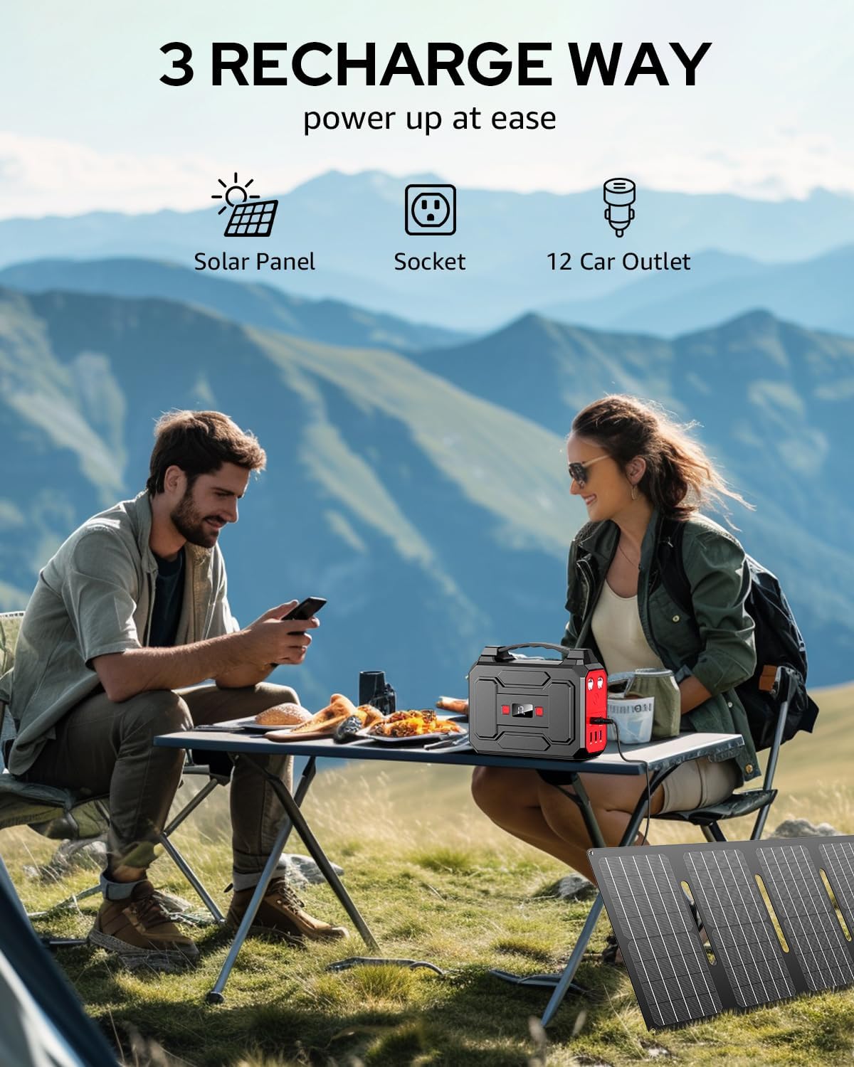 Apowking Portable Power Station Bank 146Wh 200W Peak(100W Rated), Solar Powered Power Bank with AC Outlet 110V for Camping, Solar Charger Power Bank Battery Pack 39600mAh for Home Outdoor Emergency