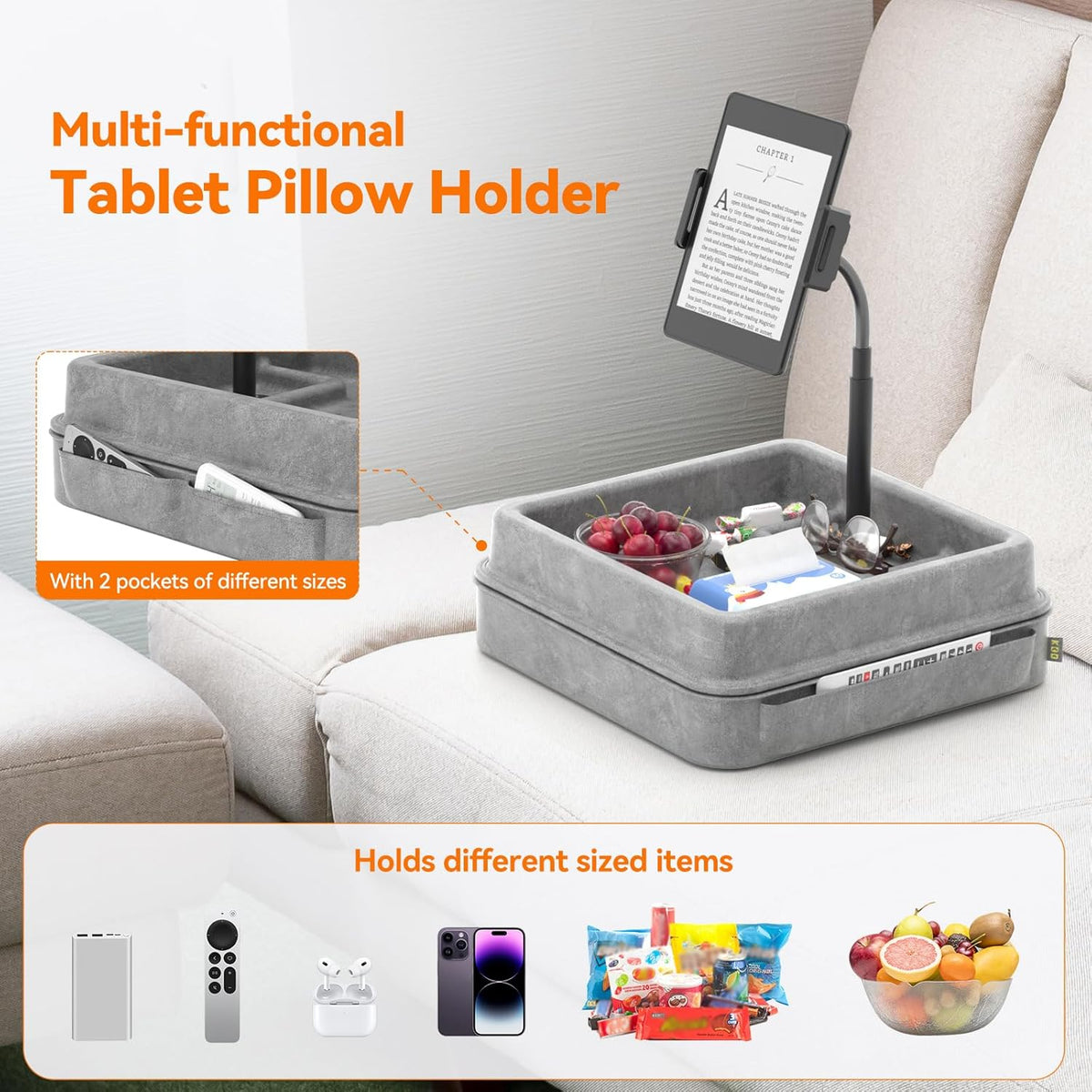 KDD Tablet Pillow Holder - 360°Adjustable iPad Pillow Stand for Lap, Bed and Desk - Gooseneck Tablet Soft Pad Dock with Storage Tray and Pocket Compatible with iPad Pro 12.9, Air Mini, Phone, E-Reader