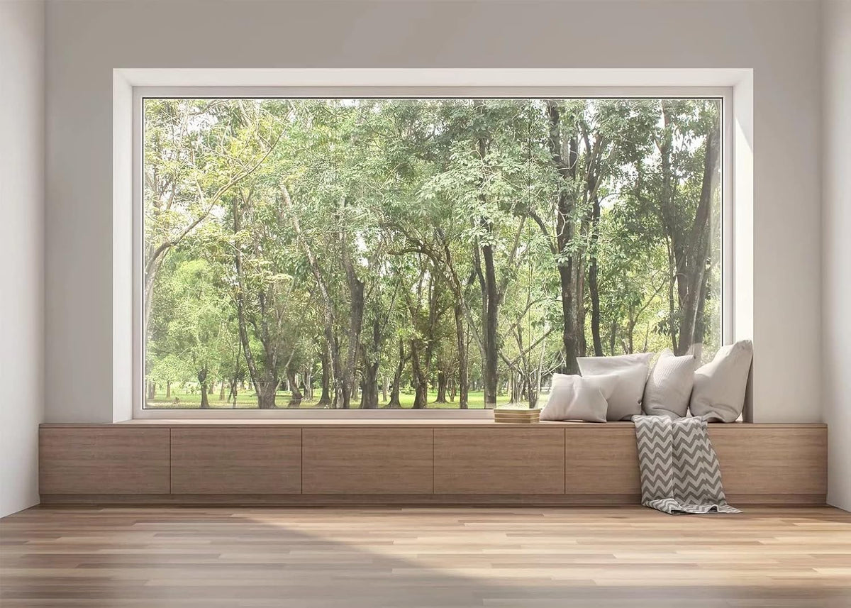 BELECO 7x5ft Fabric Modern Living Room Window Backdrop House Interior Green Forest Trees Scenery Nature Background