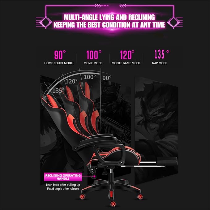 Massage Video Gaming Recliner - Gaming Chair with RGB LED Lights - Ergonomic Office Computer Desk Chair with Foot rest - High Back PU Leather - Adjustable Reclining Office Swivel ChairPink