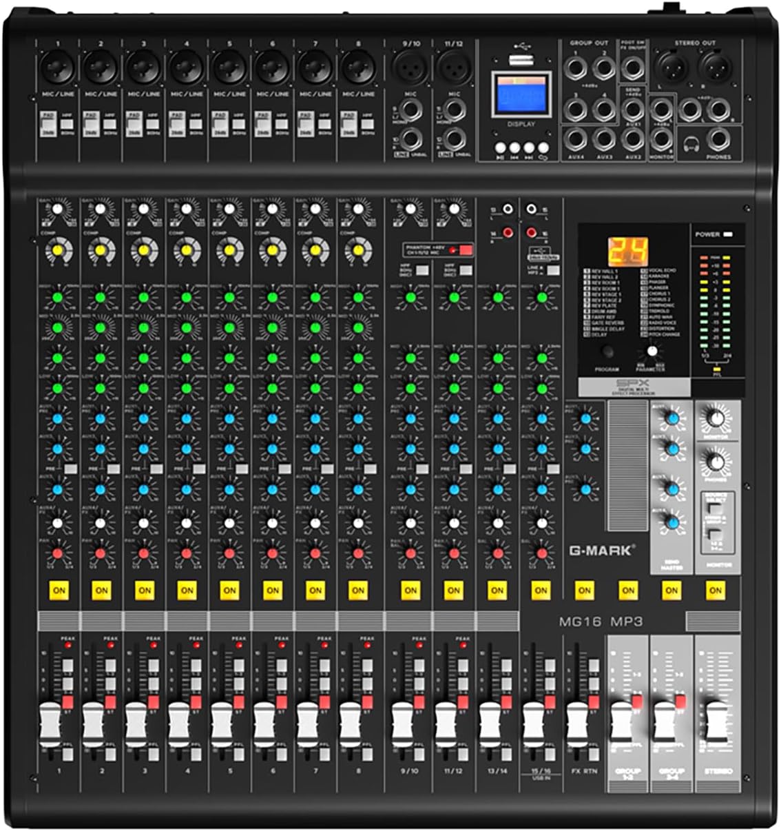 Audio Mixer Bluetooth G-MARK Professional Mixer Usb Interface Sound Board Console System 16 Channel Digital MP3 Computer Input 48V Phantom Power Stereo DJ 24-Bit SPX Effects Mixing Console