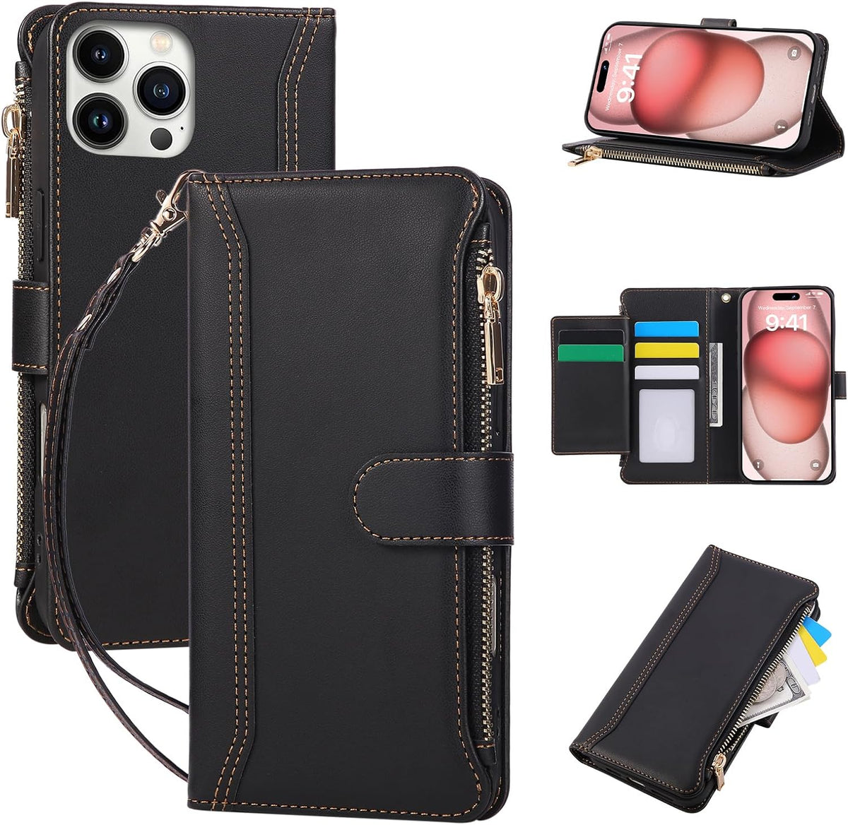 Compatible with iPhone 13 Pro Max Wallet Phone Case-PU Leather Magnetic Flip Cover with Credit Card Slots,Zipper Pocket & Detachable Wrist Strap,Shockproof Design,for Women and Men-Black