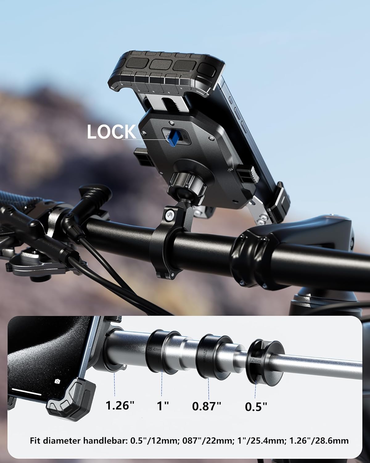 Kewig Motorcycle Phone Mount Holder - [No Scratches Camera ] [1s Lock] Motorcycle Cell Phone Mount, Bike Handlebar Phone Holder for 5.5-7.2" Phones