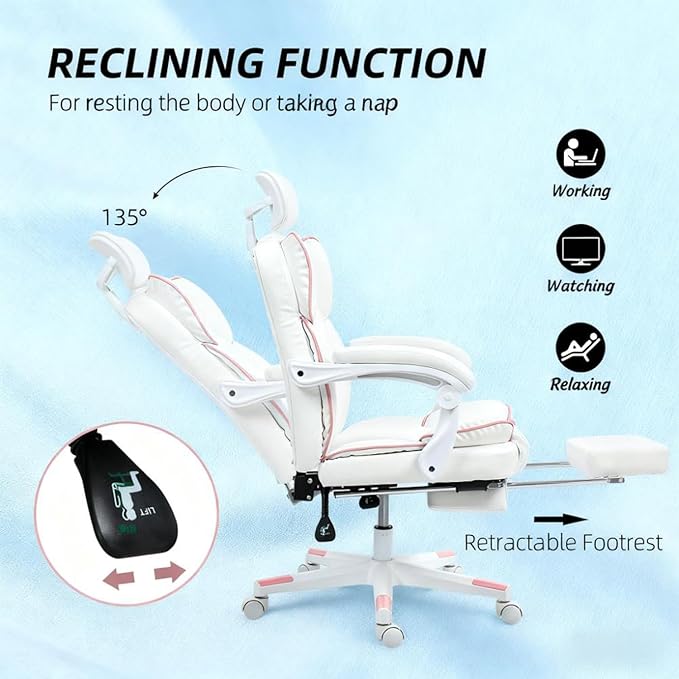 Big and Tall Ergonomic Gaming Office Desk Chair with Footrest &amp Headrest PU Leather Video Game Chairs with Armrests Height Adjustable 360° Swivel Computer Chair for Home Office (White)