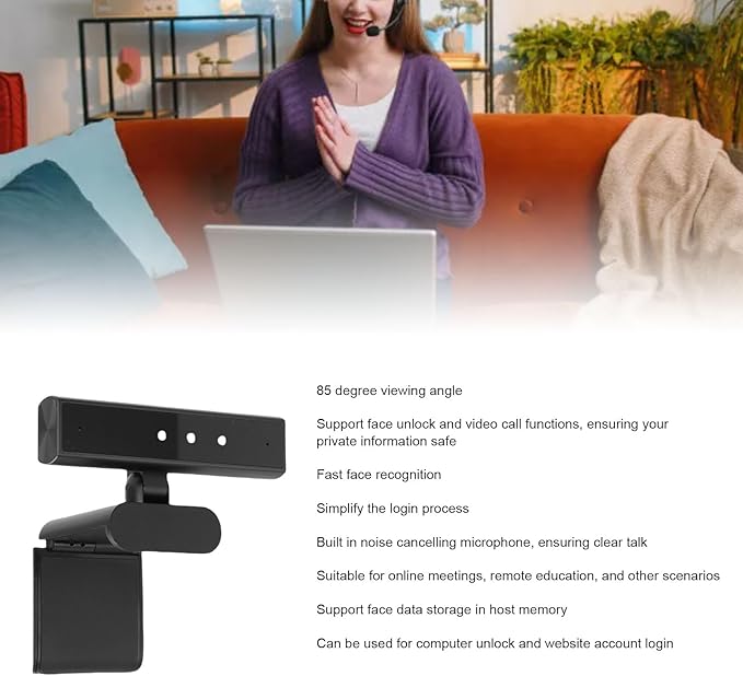 Face Recognition Computer Camera 5MP 2560x1440 Webcam with 85° FOV Noise canceling Mic Face Data Storage Fast Login Plug and Play for Business Meeting Online Calling
