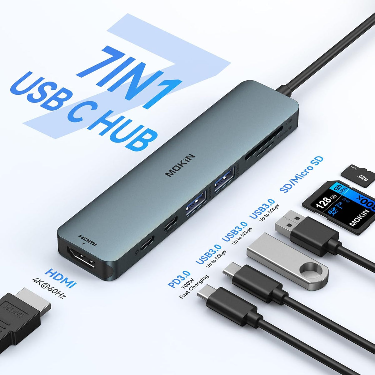 USB C Hub HDMI Adapter for MacBook Pro/Air, MOKiN 7 in 1 USB C Dongle with HDMI, SD/TF Card Reader, USB C Data Port,100W PD, and 2 USB 3.0 Compatible for MacBook Pro/Air, Dell XPS, Lenovo Thinkpad.